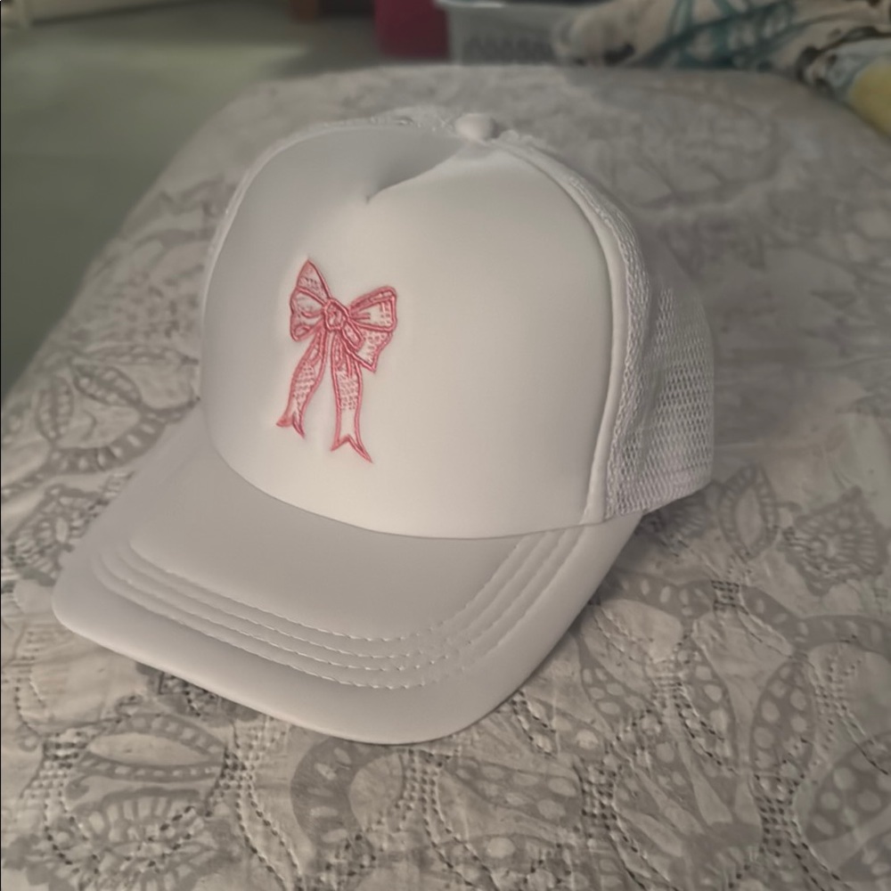 White Trucker Hat with Pink Bow